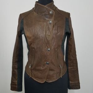 Via Spiga Jacket Moto Leather Ribbed Zip Button Pocket Wool Knit Stretch XS